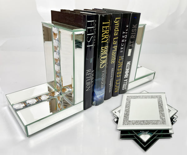 Mirrored Glass Prism Crystal Bookends & 6 Glitter Mirrror Coasters - CD187