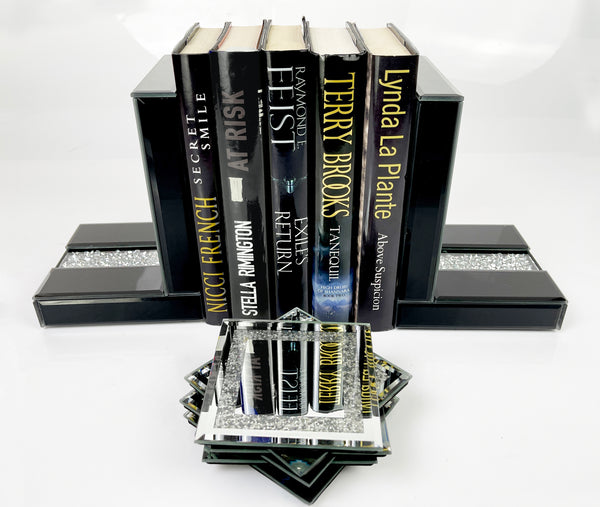 Black High Gloss Glass Prism Crystal Bookends & 6 Glitter Mirrror Coasters - CD186