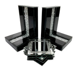 Black High Gloss Glass Prism Crystal Bookends & 6 Glitter Mirrror Coasters - CD186