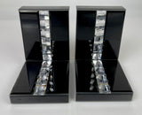 Black High Gloss Glass Prism Crystal Bookends & 6 Glitter Mirrror Coasters - CD188