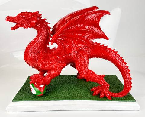 Large Red Welsh Dragon with Rugby Ball Ornament - JG052