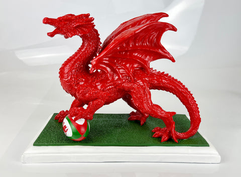 Small Red Welsh Dragon with Rugby Ball Ornament - JG053