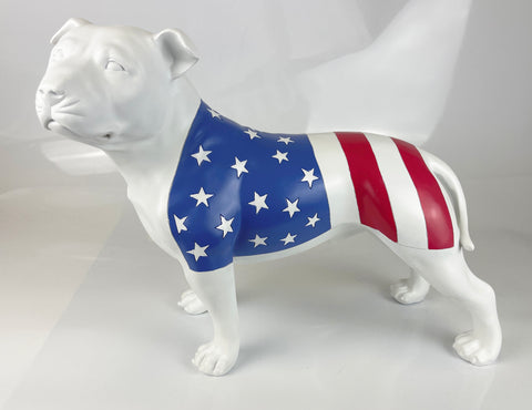 White Staffordshire Bull Terrier with American Flag Ornament - JG054